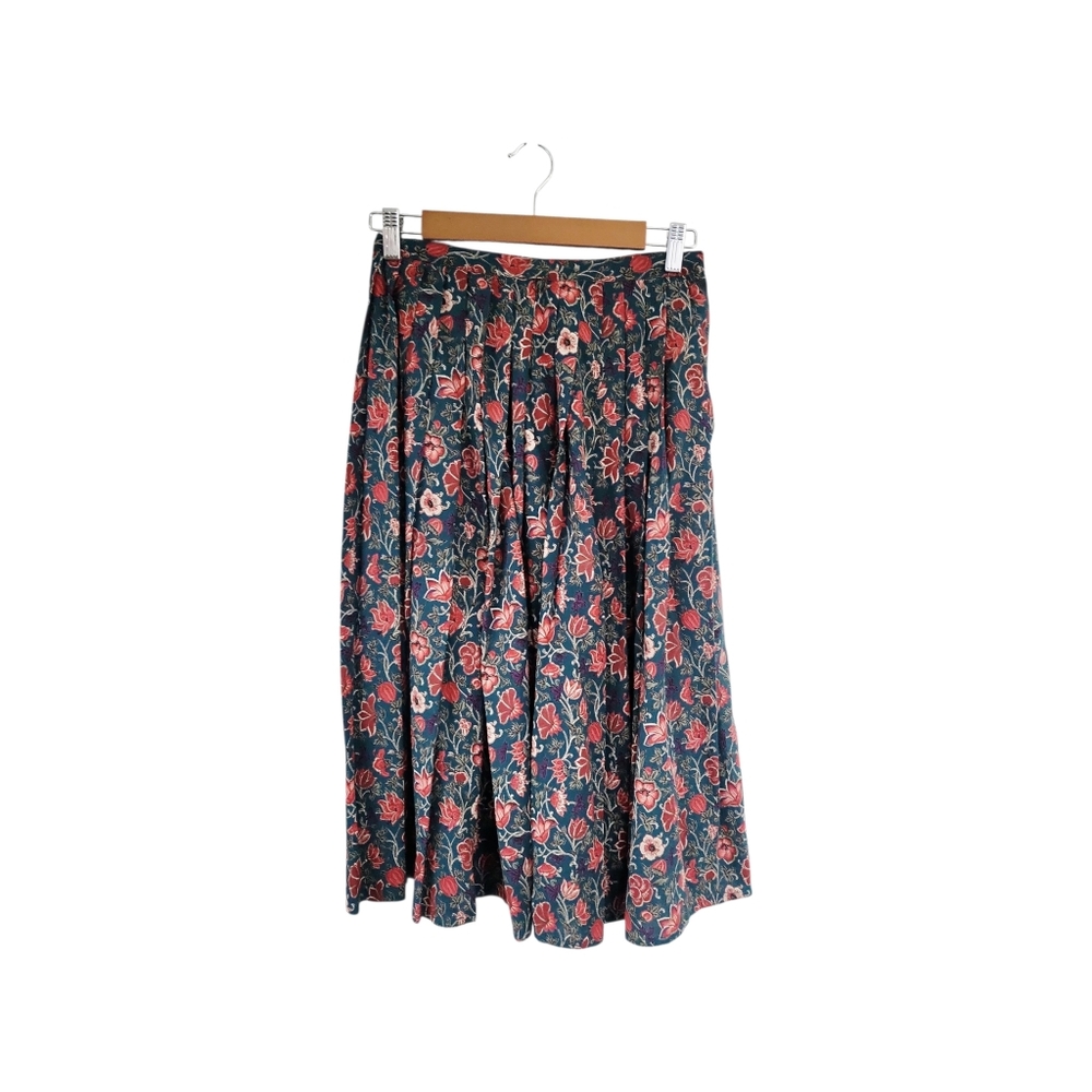 Vintage 70's Teal & Orange Floral Pleated Midi Skirt / Union Made / Size XS 26"
